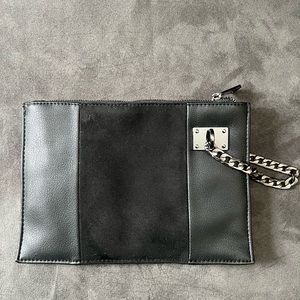 New vegan leather and suede clutch with gunmetal chain